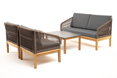 "Канны" лаунж-зона 4-местная из роупа со столиком "Канны" (серый гранит), основание дуб, роуп коричневый